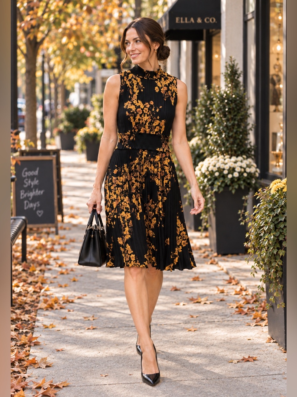 Nanette Lepore Black Gold Floral Pleated Mock Neck Dress Size 6
